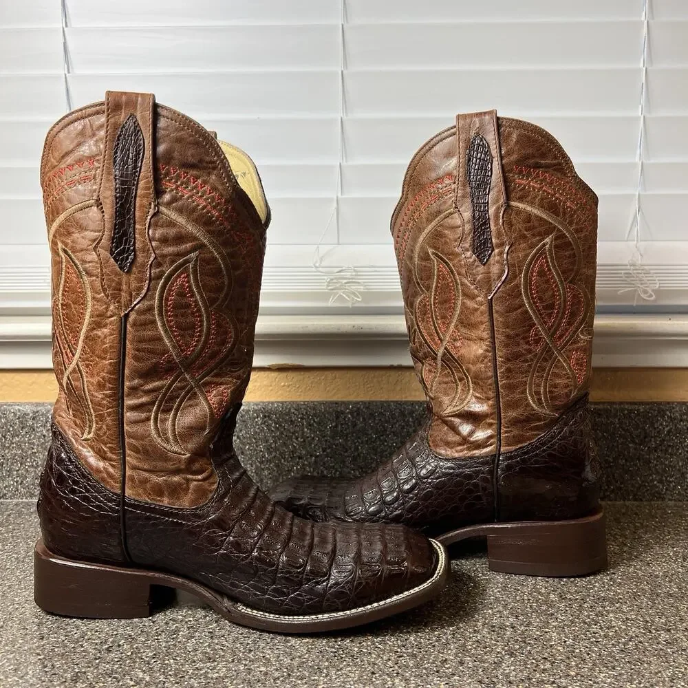 El Malcreado Hornback Brown Leather/Alligator Embroidered Boots Men MEX 28 US 10